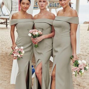 NWT STACEES Elegant Off-Shoulder Dusty Sage Dress. Sz 10